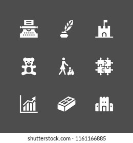 9 block icons in vector set. writer, ascendant bars graphic, brick and toy illustration for web and graphic design