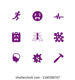 9 blood icons in vector set. hammer silhouette, brain inside human head, mosquito and pulse line illustration for web and graphic design
