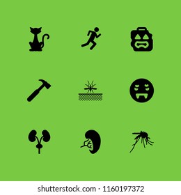 9 blood icons in vector set. zombie, running stick figure, vampire and kidney illustration for web and graphic design