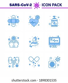 9 Blue Coronavirus Covid19 Icon pack such as hands; infect; virus; hands; dirty viral coronavirus 2019-nov disease Vector Design Elements