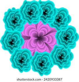 9 Blue flowers circled around one pink flower in a multitude of different gradients and overlapping layers, abstract 3d flower  design background