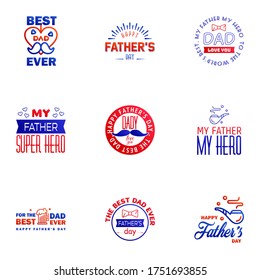 9 Blue and red Happy Fathers Day Design Collection - A set of twelve brown colored vintage style Fathers Day Designs on light background Editable Vector Design Elements