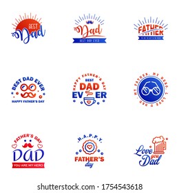 9 Blue and red Happy Fathers Day Design Collection - A set of twelve brown colored vintage style Fathers Day Designs on light background Editable Vector Design Elements