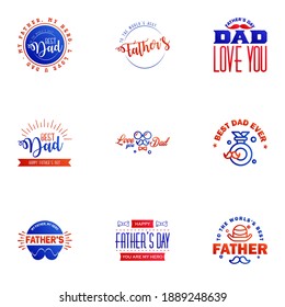 9 Blue and red Happy Fathers Day Design Collection - A set of twelve brown colored vintage style Fathers Day Designs on light background Editable Vector Design Elements