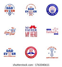 9 Blue and red Set of Vector Happy fathers day. Typography Vintage Icons. Lettering for greeting cards. banners. t-shirt design. Fathers Day. Editable Vector Design Elements