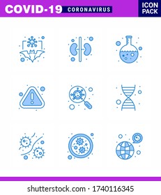 9 Blue Set of corona virus epidemic icons. such as glass; virus; test; warning; error viral coronavirus 2019-nov disease Vector Design Elements