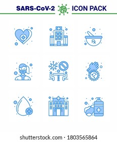 9 Blue Set of corona virus epidemic icons. such as banned; safety; bowl; protection; face viral coronavirus 2019-nov disease Vector Design Elements