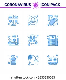 9 Blue Set of corona virus epidemic icons. such as vehicle; medical; avoid; emergency; twenty seconds viral coronavirus 2019-nov disease Vector Design Elements