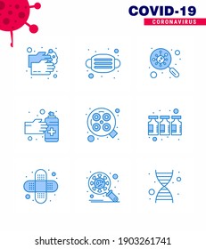 9 Blue Set of corona virus epidemic icons. such as spray; hands; safety; gestures; scan viral coronavirus 2019-nov disease Vector Design Elements