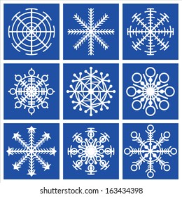 9 blue squares with snowflakes of a different form