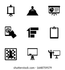 9 board filled icons set isolated on white background. Icons set with Easel, director, Presentation, testing, Priority, Clipboard, Chess, Board stand, coach icons.