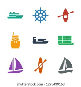 9 boat icons. Trendy boat icons white background. Included filled icons such as sailboat, rowing, cargo ship, ship, rowing boat, helm. icon for web and mobile.