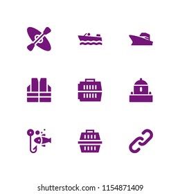 9 boat icons in vector set. fishing, kayak, life jacket and carrier illustration for web and graphic design