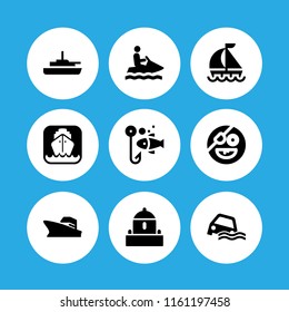 9 boat icons in vector set. ship, fishing, watercraft silhouette and cruise illustration for web and graphic design