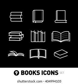 9 Book Icons, book icons set. Isolated vector illustrations on black background.