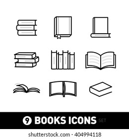 9 Book Icons, book icons set. Isolated vector illustrations on white background.