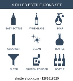 9 bottle icons. Trendy bottle icons white background. Included filled icons such as baby bottle, wine glass, soap, cleanser, clean, filter, protein powder. icon for web and mobile.