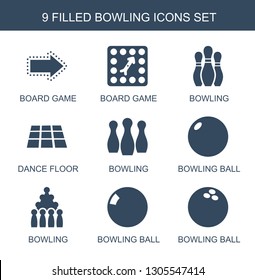 9 bowling icons. Trendy bowling icons white background. Included filled icons such as board game, dance floor, bowling ball. icon for web and mobile.