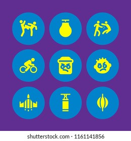9 boxing icons in vector set. fighter, fight, boxing bag and person fight punch illustration for web and graphic design