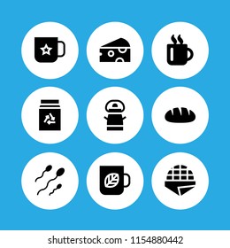 9 breakfast icons in vector set. spermatozoon, mug, tea and cheese illustration for web and graphic design
