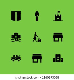 9 brick icons in vector set. entrance, front store, damage and toy illustration for web and graphic design