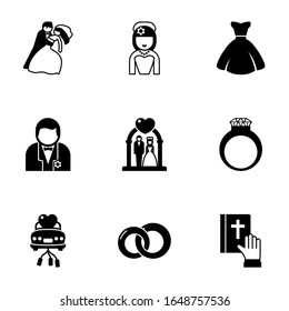 9 bride filled icons set isolated on white background. Icons set with dance, bride dress, groom, wedding ceremony, diamond ring, just married car, rings, vow icons.