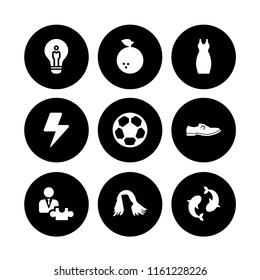 9 bright icons in vector set. fruit, soccer ball, hair and idea illustration for web and graphic design