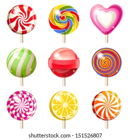 9 bright lollipops icons over white background