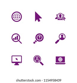 9 browser icons in vector set. search, cursor and www illustration for web and graphic design