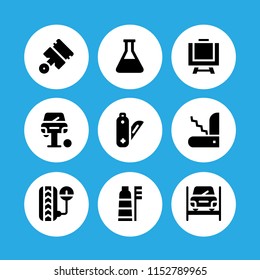 9 brush icons in vector set. art, flask outline, construction and tools and toothbrush illustration for web and graphic design