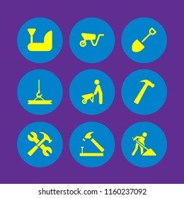9 build icons in vector set. construction and tools, crane, wheelbarrow and shovel illustration for web and graphic design