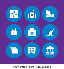 9 building icons in vector set. australia, castle, internet and mall illustration for web and graphic design