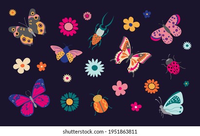 9 Butterflies and bugs. Spring and summer cartoon insects, colorful butterfly and ladybug with flowers. Vector isolated set