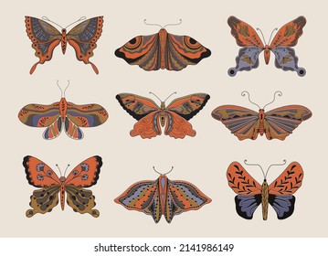 9 Butterflies in retro style vector illustrations
