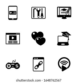 9 button filled icons set isolated on white background. Icons set with Mobile game, repair kit, online business, Video blog, love, eCommerce, joystick, Web Link, Livestream icons.