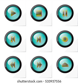 9 Buttons Icons Set With Play Stop Pause Start End Record Rewind Fast Forward Eject Symbols - Black Red Turquoise And Yellow Elements On White Paper Effect Background - Raster Gradient Halftone Comic