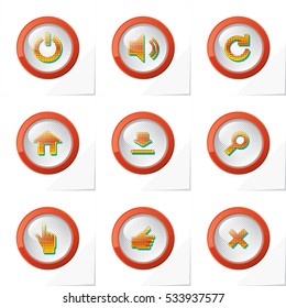 9 Buttons Icons Set with Power Sound Replay Home Download Zoom Click Like Close Symbols - Grey Red Turquoise and Yellow Elements on White Paper Effect Background - Raster Gradient Halftone Comic Style