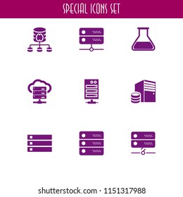 9 cabinet icons in vector set. server and chemistry class flask with liquid for experimentation illustration for web and graphic design