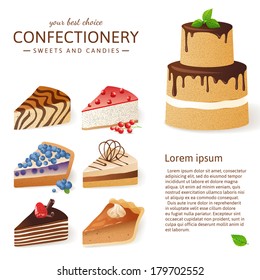9 cake slices over white background