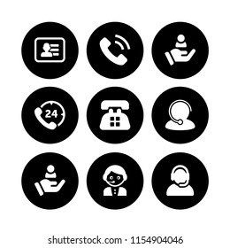 9 call icons in vector set. headset, customer, business card of a man with contact info and call center illustration for web and graphic design