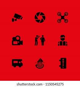 9 camera icons in vector set. tourism, cctv, travel and hypen illustration for web and graphic design