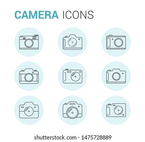 9 Camera line icons ic circles on white background, vector eps10 illustration