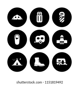 9 camp icons in vector set. camping, military boot, military strategy and sleeping bag illustration for web and graphic design