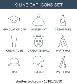 9 cap icons. Trendy cap icons white background. Included line icons such as graduation cap, winter hat, cream tube, graduate emoji, party hat, hat. icon for web and mobile.