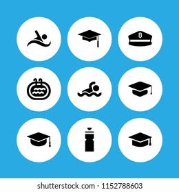 9 cap icons in vector set. swim, graduate cap, graduation hat and water bottle illustration for web and graphic design