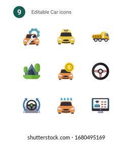 9 car flat icons set isolated on . Icons set with Car repair service, Taxi service, Tipper, Camping, Car rental, Race game, Autopilot, wash service, Free Shipping icons.