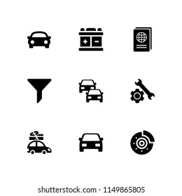 9 car icons in vector set. sports car, battery, cars and filter illustration for web and graphic design