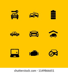 9 car icons in vector set. parking, internet, rental and sedan car front illustration for web and graphic design