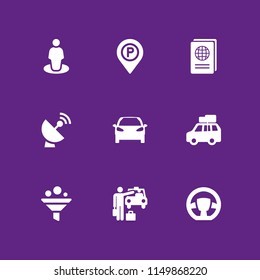 9 car icons in vector set. steering wheel, gps, trip and car with luggage illustration for web and graphic design
