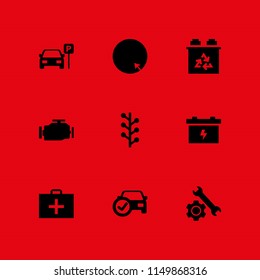 9 car icons in vector set. internet, automobile, battery and trip illustration for web and graphic design